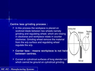 ME 482 - Manufacturing SystemsME 482 - Manufacturing Systems
Centre less grinding process :
 In this process the workpece is placed on
workrest blade between two wheels namely
grinding and regulating wheel, which are rotaing
in clockwise and workpiece rotate in counter
clockwise. Grinding wheel remove the material
from the w/p surface and regulating wheel
regulate the w/p.
 Center less : means workpiece is not held
between centres.
 Curved or cylindrical surfaces of long slender rod
which cannot be ground on cylindrical grinding.
 