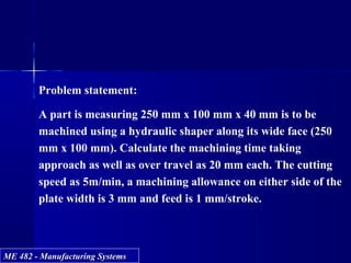 ME 482 - Manufacturing SystemsME 482 - Manufacturing Systems
Problem statement:
A part is measuring 250 mm x 100 mm x 40 mm is to be
machined using a hydraulic shaper along its wide face (250
mm x 100 mm). Calculate the machining time taking
approach as well as over travel as 20 mm each. The cutting
speed as 5m/min, a machining allowance on either side of the
plate width is 3 mm and feed is 1 mm/stroke.
 