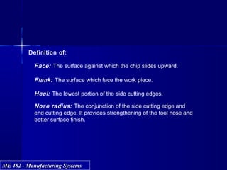 ME 482 - Manufacturing SystemsME 482 - Manufacturing Systems
Definition of:
Face: The surface against which the chip slides upward.
Flank: The surface which face the work piece.
Heel: The lowest portion of the side cutting edges.
Nose radius: The conjunction of the side cutting edge and
end cutting edge. It provides strengthening of the tool nose and
better surface finish.
 