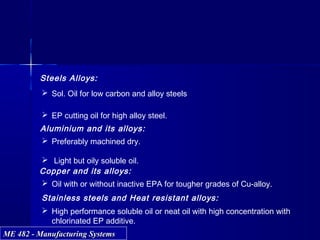 ME 482 - Manufacturing SystemsME 482 - Manufacturing Systems
Steels Alloys:
 Sol. Oil for low carbon and alloy steels
 EP cutting oil for high alloy steel.
Aluminium and its alloys:
 Preferably machined dry.
 Light but oily soluble oil.
Copper and its alloys:
 Oil with or without inactive EPA for tougher grades of Cu-alloy.
Stainless steels and Heat resistant alloys:
 High performance soluble oil or neat oil with high concentration with
chlorinated EP additive.
 