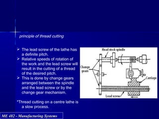 ME 482 - Manufacturing SystemsME 482 - Manufacturing Systems
principle of thread cutting
 The lead screw of the lathe has
a definite pitch.
 Relative speeds of rotation of
the work and the lead screw will
result in the cutting of a thread
of the desired pitch.
 This is done by change gears
arranged between the spindle
and the lead screw or by the
change gear mechanism.
*Thread cutting on a centre lathe is
a slow process.
 