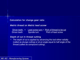 ME 482 - Manufacturing SystemsME 482 - Manufacturing Systems
Calculation for change gear ratio
Metric thread on Metric lead screw
Driver teeth = Lead screw turn = Pitch of thread to be cut
Driven teeth Spindle turn Pitch of lead screw
Depth of cut in thread cutting
• The depth of cut is applied by advancing the tool either radially
(called as plunge cutting) or at an angle equal to half angle of the
thread (called as compound cutting).
 