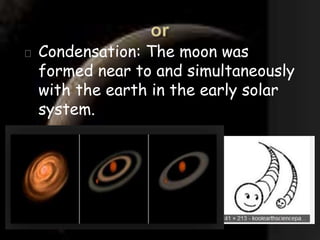 Condensation: The moon was 
formed near to and simultaneously 
with the earth in the early solar 
system. 
 