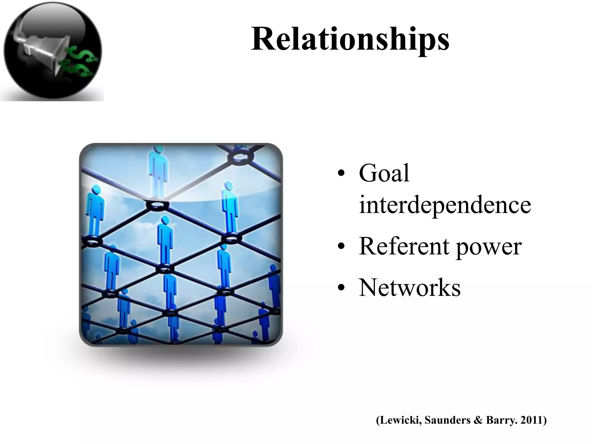 Relationships


     • Goal
       interdependence
     • Referent power
     • Networks



        (Lewicki, Saunders & Barry. 2011)
 
