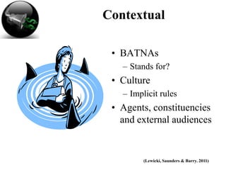 Contextual

 • BATNAs
   – Stands for?
 • Culture
   – Implicit rules
 • Agents, constituencies
   and external audiences


         (Lewicki, Saunders & Barry. 2011)
 