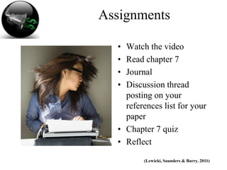 Assignments

  • Watch the video
  • Read chapter 7
  • Journal
  • Discussion thread
    posting on your
    references list for your
    paper
  • Chapter 7 quiz
  • Reflect

         (Lewicki, Saunders & Barry. 2011)
 