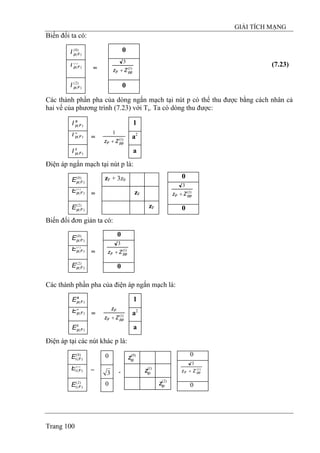 GIẢI TÍCH MẠNG
Trang 100
Biến đổi ta có:
0
0
)1(
3
ppF Zz +
)2(
)(FpI
)1(
)(FpI
)0(
)(FpI
(7.23)
=
Các thành phần pha của dòng ngắn mạch tại nút p có thể thu được bằng cách nhân cả
hai vế của phương trình (7.23) với Ts. Ta có dòng thu được:
a
a2
1a
FpI )(
b
FpI )(
c
FpI )(
)1(
1
ppF Zz +
=
Điện áp ngắn mạch tại nút p là:
0
)1(
3
ppF Zz +
0zF + 3z0
zF
zF
)0(
)(FpE
)1(
)(FpE
)2(
)(FpE
=
Biến đổi đơn giản ta có:
0
)1(
3
ppF Zz +
0)0(
)(FpE
)1(
)(FpE
)2(
)(FpE
=
Các thành phần pha của điện áp ngắn mạch là:
a
a2
1a
FpE )(
b
FpE )(
c
FpE )(
)1(
ppF
F
Zz
z
+
=
Điện áp tại các nút khác p là:
0
3
0
0
0
)1(
3
ppF Zz +
)2(
ipz
)1(
ipz
)0(
ipz
)0(
)(FiE
)1(
)(FiE
)2(
)(FiE
= -
 