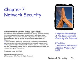 Chapter 7
Network Security


A note on the use of these ppt slides:
We’re making these slides freely available to all (faculty, students, readers).   Computer Networking:
They’re in powerpoint form so you can add, modify, and delete slides
(including this one) and slide content to suit your needs. They obviously         A Top Down Approach
represent a lot of work on our part. In return for use, we only ask the           Featuring the Internet,
following:
 If you use these slides (e.g., in a class) in substantially unaltered form,
that you mention their source (after all, we’d like people to use our book!)      2nd edition.
                                                                                  Jim Kurose, Keith Ross
 If you post any slides in substantially unaltered form on a www site, that
you note that they are adapted from (or perhaps identical to) our slides, and
note our copyright of this material.                                              Addison-Wesley, July
Thanks and enjoy! JFK/KWR                                                         2002.
All material copyright 1996-2002
J.F Kurose and K.W. Ross, All Rights Reserved
                                                                             Network Security     7-1
 