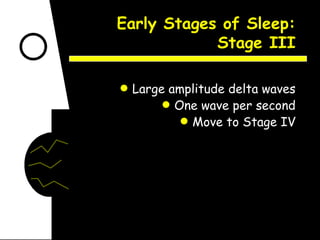 Early Stages of Sleep: Stage III Large amplitude delta waves One wave per second Move to Stage IV 