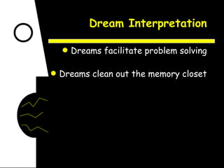 Dream Interpretation Dreams facilitate problem solving Dreams clean out the memory closet 