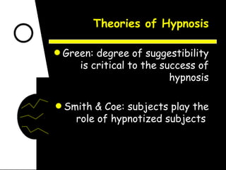 Theories of Hypnosis Green: degree of suggestibility is critical to the success of hypnosis Smith & Coe: subjects play the role of hypnotized subjects  
