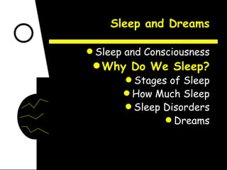 Sleep and Dreams Sleep and Consciousness Why Do We Sleep? Stages of Sleep How Much Sleep Sleep Disorders Dreams 