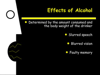 Effects of Alcohol Determined by the amount consumed and the body weight of the drinker Slurred speech Blurred vision Faulty memory 