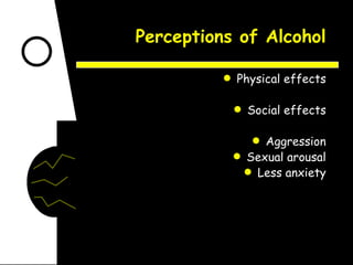 Perceptions of Alcohol Physical effects Social effects Aggression Sexual arousal Less anxiety 