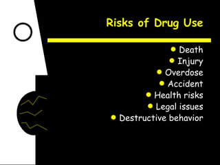 Risks of Drug Use Death Injury Overdose Accident Health risks Legal issues Destructive behavior 