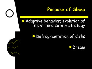 Purpose of Sleep Adaptive behavior; evolution of night time safety strategy Defragmentation of disks Dream 