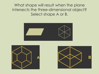 What shape will result when the plane intersects the three-dimensional object? Select shape A or B. 