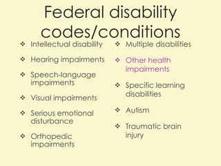 Federal disability codes/conditions Intellectual disability Hearing impairments Speech-language impairments Visual impairments Serious emotional disturbance Orthopedic impairments Multiple disabilities Other health impairments Specific learning disabilities  Autism Traumatic brain injury 