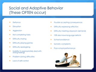 Social and Adaptive Behavior (These OFTEN occur) Defiance Disruption Aggression Not completing tasks Difficulty sharing Difficulty playing games Difficulty apologizing Inability to appropriately deal with strong feelings Problem solving difficulties Lack of self-control Trouble accepting consequences Difficulty expressing affection Difficulty meeting classroom demands 75% also have language deficits School avoidance Somatic complaints Poor school performance 
