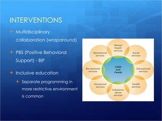 INTERVENTIONS Multidisciplinary collaboration (wraparound) PBS (Positive Behavioral Support) - BIP Inclusive education Separate programming in more restrictive environment is common  