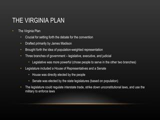 THE VIRGINIA PLAN The Virginia Plan Crucial for setting forth the debate for the convention Drafted primarily by James Madison Brought forth the idea of population-weighted representation Three branches of government – legislative, executive, and judicial Legislative was more powerful (chose people to serve in the other two branches) Legislature included a House of Representatives and a Senate House was directly elected by the people Senate was elected by the state legislatures (based on population) The legislature could regulate interstate trade, strike down unconstitutional laws, and use the military to enforce laws 