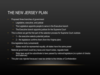 THE NEW JERSEY PLAN Proposed three branches of government Legislative, executive, and judicial The Legislature appoints people to serve in the Executive branch The Executive branch appoints justices for the Supreme Court This is where we get the first part of the selection process for Supreme Court Justices 1 – the executive selects potential justices 2 – the legislature confirms them (from the Virginia plan) One legislative body (unicameral) States would be represented equally; all states have the same power National government could levy taxes and import duties, regulate trade State laws would be subordinate to laws passed by national legislature (no system of checks and balances) This plan was rejected because it was too similar to the Articles of Confederation 