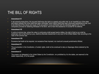 THE BILL OF RIGHTS Amendment VI In all criminal prosecutions, the accused shall enjoy the right to a speedy and public trial, by an impartial jury of the state and district wherein the crime shall have been committed, which district shall have been previously ascertained by law, and to be informed of the nature and cause of the accusation; to be confronted with the witnesses against him; to have compulsory process for obtaining witnesses in his favor, and to have the assistance of counsel for his defense. Amendment VII In suits at common law, where the value in controversy shall exceed twenty dollars, the right of trial by jury shall be preserved, and no fact tried by a jury, shall be otherwise reexamined in any court of the United States, than according to the rules of the common law. Amendment VIII Excessive bail shall not be required, nor excessive fines imposed, nor cruel and unusual punishments inflicted. Amendment IX The enumeration in the Constitution, of certain rights, shall not be construed to deny or disparage others retained by the people. Amendment X The powers not delegated to the United States by the Constitution, nor prohibited by it to the states, are reserved to the states respectively, or to the people. 