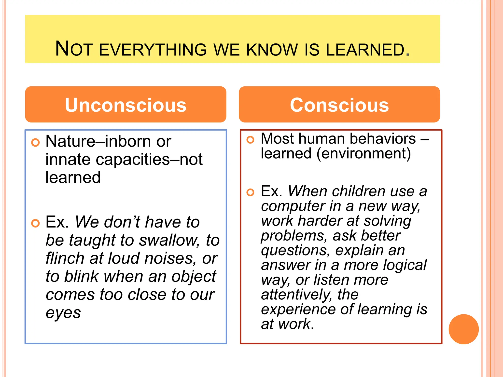 NOT EVERYTHING WE KNOW IS LEARNED.
 Nature–inborn or
innate capacities–not
learned
 Ex. We don’t have to
be taught to swallow, to
flinch at loud noises, or
to blink when an object
comes too close to our
eyes
 Most human behaviors –
learned (environment)
 Ex. When children use a
computer in a new way,
work harder at solving
problems, ask better
questions, explain an
answer in a more logical
way, or listen more
attentively, the
experience of learning is
at work.
Unconscious Conscious
 