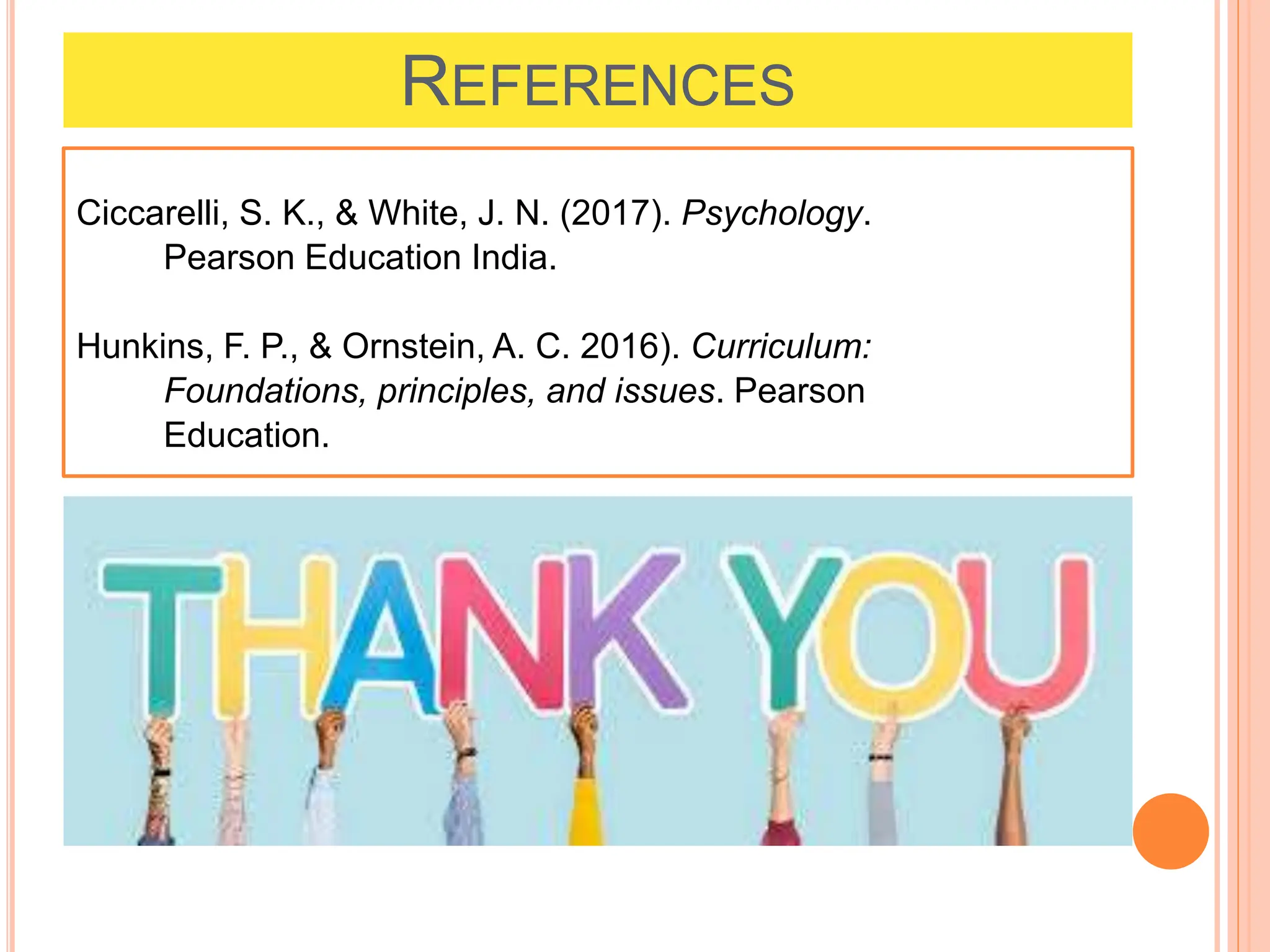 REFERENCES
Ciccarelli, S. K., & White, J. N. (2017). Psychology.
Pearson Education India.
Hunkins, F. P., & Ornstein, A. C. 2016). Curriculum:
Foundations, principles, and issues. Pearson
Education.
 