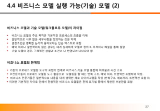 4.4 비즈니스 모델 실행 가능(기술) 모델 (2)


비즈니스 모델과 기술 모델(워크플로우 모델)의 차이점

    비즈니스 모델의 주요 목적은 기본적인 프로세스의 흐름을 이해
    일반적으로 너무 많은 세부사항을 정의하는 것은 자제
    결정조건은 명확한 논리적 용어보다는 단순 텍스트로 표현
    예외 처리나 일반적이지 않은 경우는 대개 상세하게 모델로 정의 X, 주석이나 해설을 통해 설명
    기술 모델의 경우, 구체적인 상황과 조건이 다 반영되어 나타나야 함



비즈니스 모델의 한계점

   기존의 프로세스 모델링 도구의 표현의 한계로 비즈니스,기술 모델 통합에 어려움과 시간 소요
   IT전문가들이 프로세스 모델링 도구 활용으로 모델링을 할 때는 반복 구조, 예외 처리, 트랜잭션 포함하여 작성
   비즈니스 전문가들은 일반적으로 내용을 대개 생략한 채로 다이어그램을 작성 (반복구조, 예외처리, 트랜잭션 포함 X)
   이러한 기본적인 차이로 인해서 전형적인 비즈니스 모델들은 전체 표기법 중에서 제한된 부분만을 포함




                                                                  27
 