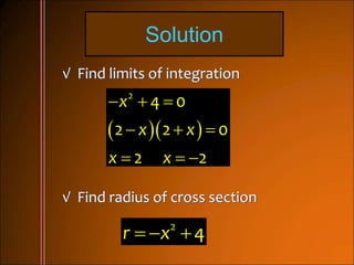 Solution
  
2
4 0
2 2 0
2 2
x
x x
x x
  
  
  
√ Find limits of integration
√ Find radius of cross section
2
4r x  
 