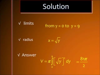 Solution
x y
    
9
2
0
V y dy
√ limits
from y = 0 to y = 9
√ radius
√ Answer


81
2
 