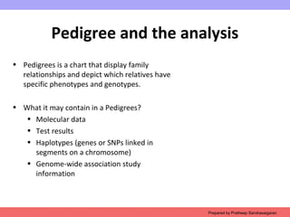 Pedigree and the analysis
• Pedigrees is a chart that display family
relationships and depict which relatives have
specific phenotypes and genotypes.
• What it may contain in a Pedigrees?
• Molecular data
• Test results
• Haplotypes (genes or SNPs linked in
segments on a chromosome)
• Genome-wide association study
information
Prepared by Pratheep Sandrasaigaran
 