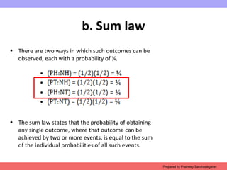 b. Sum law
• There are two ways in which such outcomes can be
observed, each with a probability of ¼.
• The sum law states that the probability of obtaining
any single outcome, where that outcome can be
achieved by two or more events, is equal to the sum
of the individual probabilities of all such events.
Prepared by Pratheep Sandrasaigaran
 