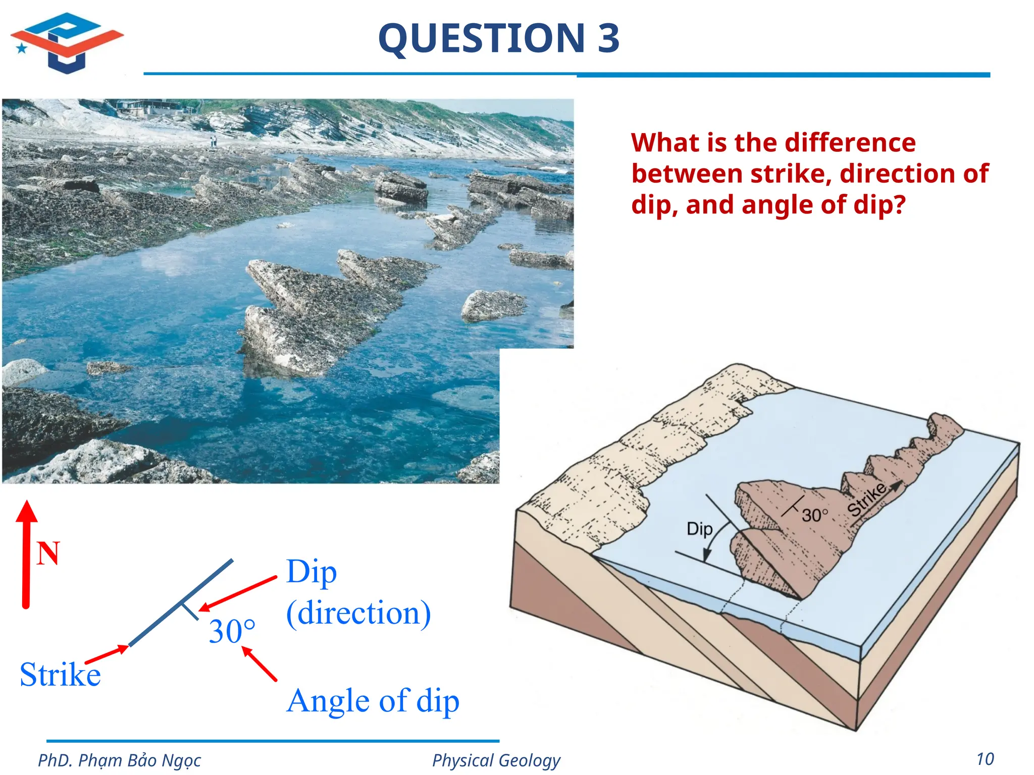 Physical Geology
PhD. Phạm Bảo Ngọc 10
QUESTION 3
What is the difference
between strike, direction of
dip, and angle of dip?
30°
Strike
Dip
(direction)
Angle of dip
N
 