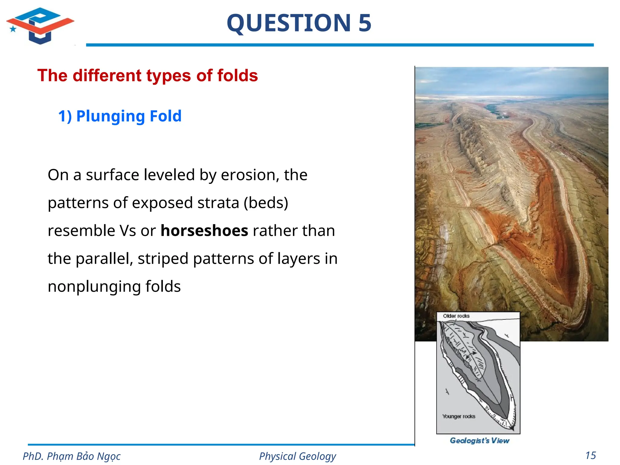 Physical Geology
PhD. Phạm Bảo Ngọc 15
QUESTION 5
The different types of folds
1) Plunging Fold
On a surface leveled by erosion, the
patterns of exposed strata (beds)
resemble Vs or horseshoes rather than
the parallel, striped patterns of layers in
nonplunging folds
 