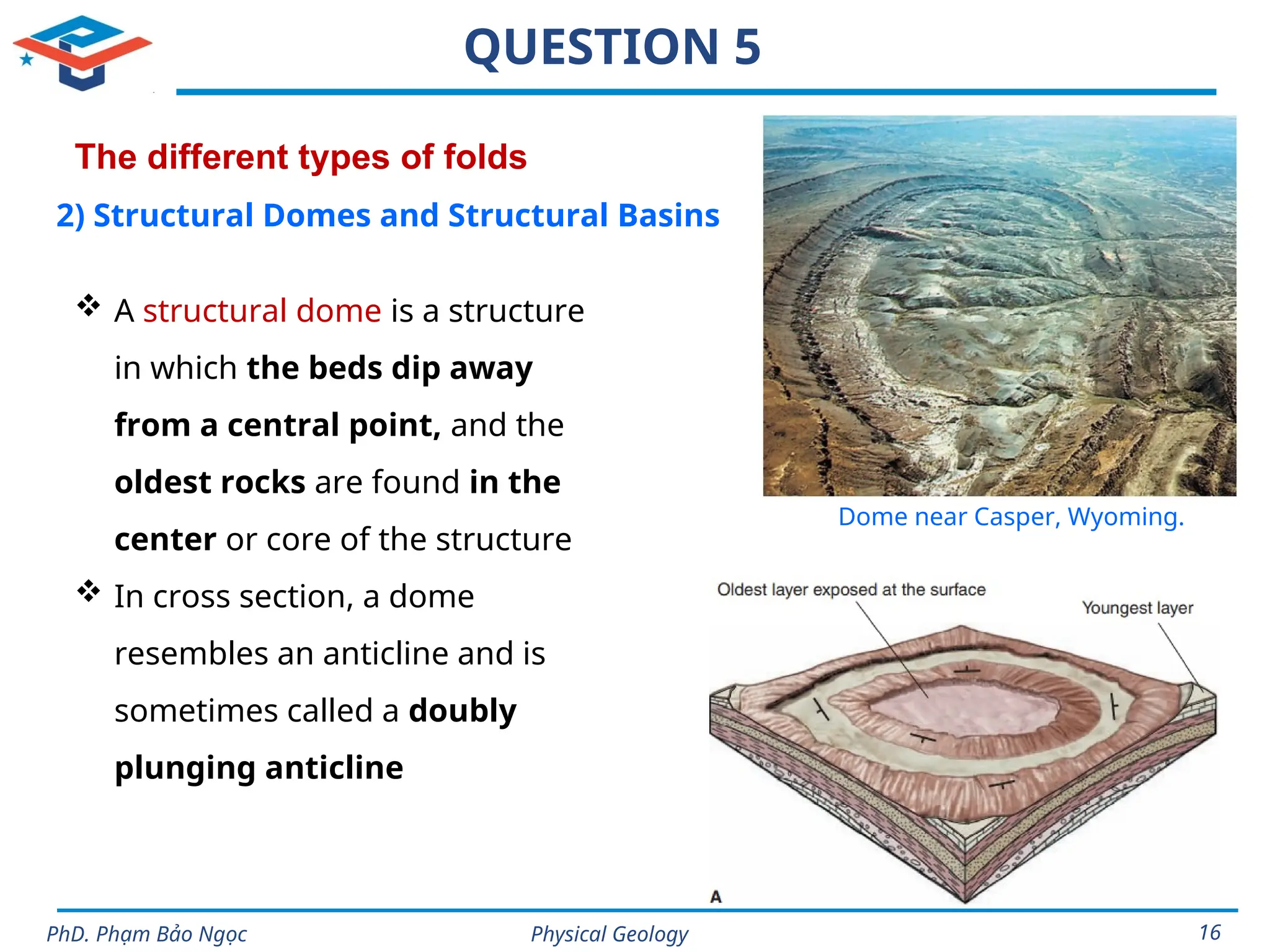 Physical Geology
PhD. Phạm Bảo Ngọc 16
QUESTION 5
The different types of folds
2) Structural Domes and Structural Basins
 A structural dome is a structure
in which the beds dip away
from a central point, and the
oldest rocks are found in the
center or core of the structure
 In cross section, a dome
resembles an anticline and is
sometimes called a doubly
plunging anticline
Dome near Casper, Wyoming.
 
