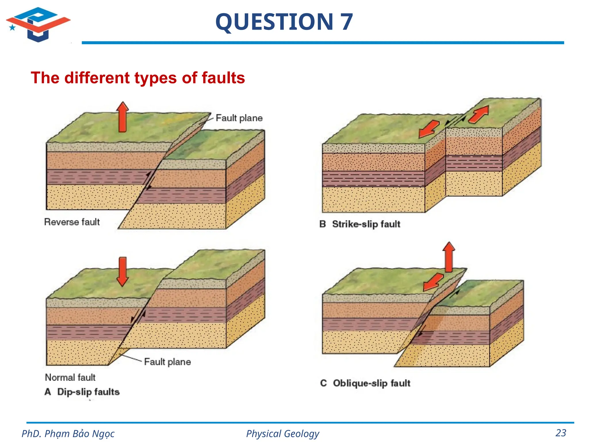 Physical Geology
PhD. Phạm Bảo Ngọc 23
QUESTION 7
The different types of faults
 
