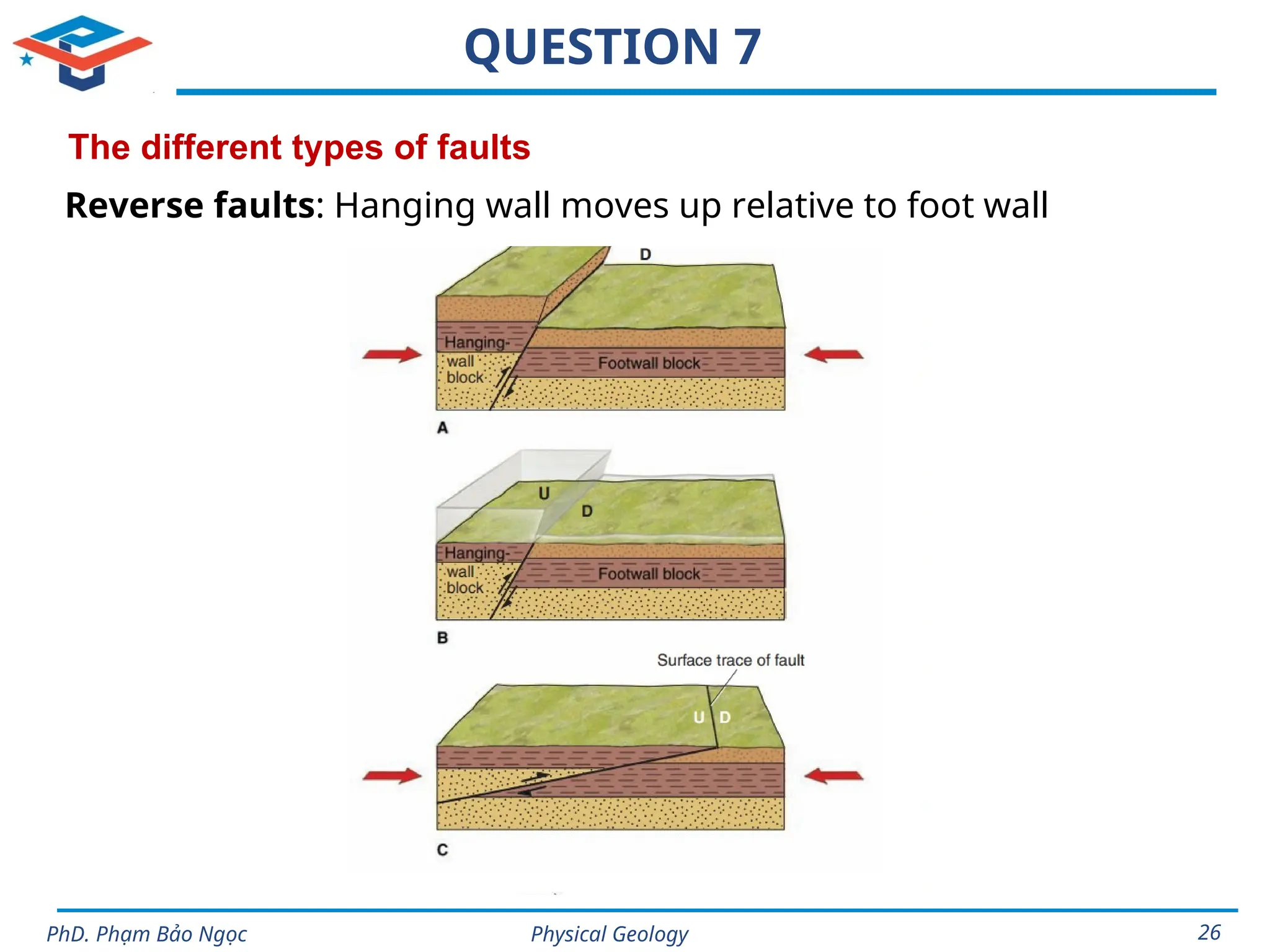 Physical Geology
PhD. Phạm Bảo Ngọc 26
QUESTION 7
The different types of faults
Reverse faults: Hanging wall moves up relative to foot wall
 