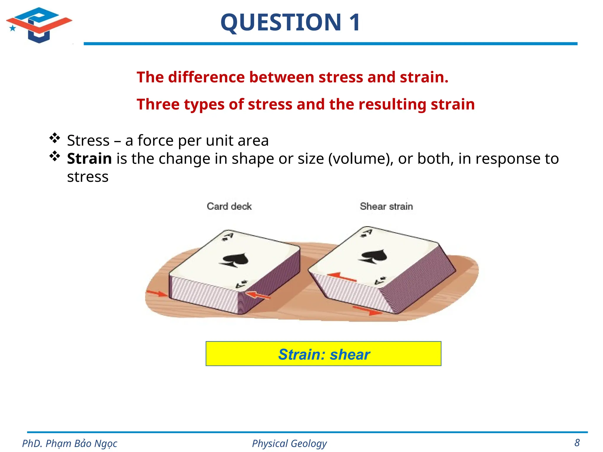 Physical Geology
PhD. Phạm Bảo Ngọc 8
QUESTION 1
The difference between stress and strain.
Three types of stress and the resulting strain
 Stress – a force per unit area
 Strain is the change in shape or size (volume), or both, in response to
stress
Strain: shear
 