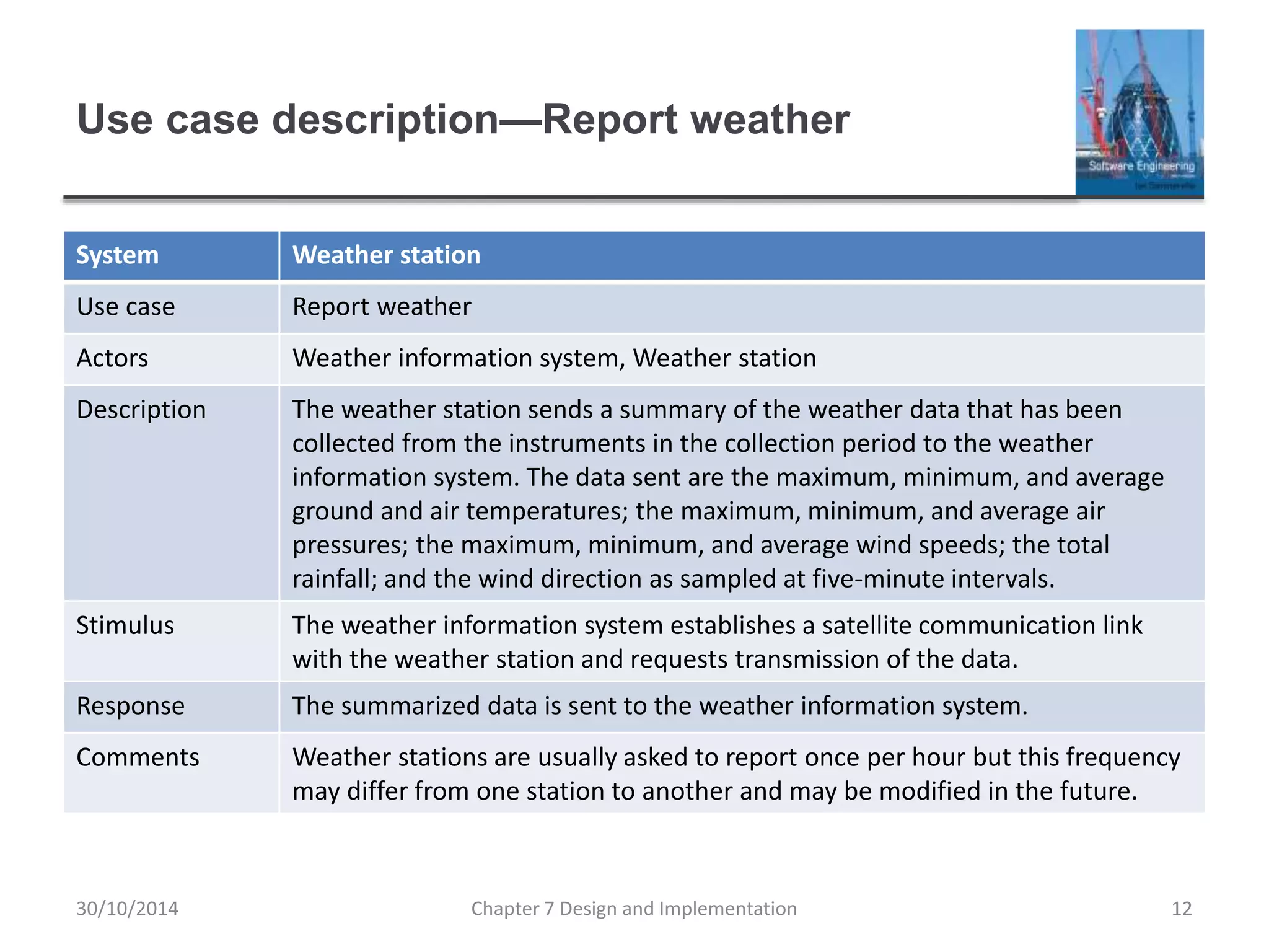 Use case description—Report weather
System Weather station
Use case Report weather
Actors Weather information system, Weather station
Description The weather station sends a summary of the weather data that has been
collected from the instruments in the collection period to the weather
information system. The data sent are the maximum, minimum, and average
ground and air temperatures; the maximum, minimum, and average air
pressures; the maximum, minimum, and average wind speeds; the total
rainfall; and the wind direction as sampled at five-minute intervals.
Stimulus The weather information system establishes a satellite communication link
with the weather station and requests transmission of the data.
Response The summarized data is sent to the weather information system.
Comments Weather stations are usually asked to report once per hour but this frequency
may differ from one station to another and may be modified in the future.
Chapter 7 Design and Implementation 12
30/10/2014
 