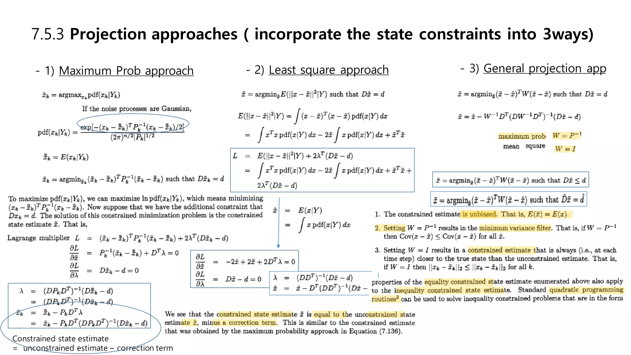 - 1) Maximum Prob approach
7.5.3 Projection approaches ( incorporate the state constraints into 3ways)
- 2) Least square approach - 3) General projection app
Constrained state estimate
= unconstrained estimate – correction term
 
