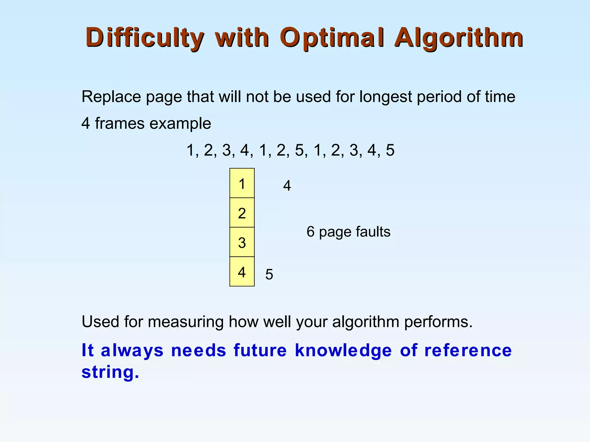 Difficulty with Optimal AlgorithmDifficulty with Optimal Algorithm
Replace page that will not be used for longest period of time
4 frames example
1, 2, 3, 4, 1, 2, 5, 1, 2, 3, 4, 5
Used for measuring how well your algorithm performs.
It always needs future knowledge of reference
string.
1
2
3
4
6 page faults
4 5
 