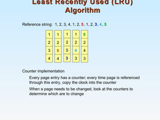 Least Recently Used (LRU)Least Recently Used (LRU)
AlgorithmAlgorithm
Reference string: 1, 2, 3, 4, 1, 2, 5, 1, 2, 3, 4, 5
Counter implementation
Every page entry has a counter; every time page is referenced
through this entry, copy the clock into the counter
When a page needs to be changed, look at the counters to
determine which are to change
5
2
4
3
1
2
3
4
1
2
5
4
1
2
5
3
1
2
4
3
 
