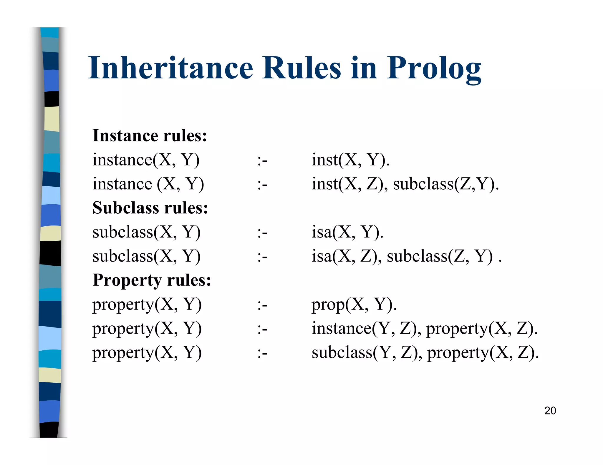 Inheritance Rules in Prolog
Instance rules:
instance(X, Y) :- inst(X, Y).
instance (X, Y) :- inst(X, Z), subclass(Z,Y).
Subclass rules:
subclass(X, Y) :- isa(X, Y).
subclass(X, Y) :- isa(X, Z), subclass(Z, Y) .
Property rules:
property(X, Y) :- prop(X, Y).
property(X, Y) :- instance(Y, Z), property(X, Z).
property(X, Y) :- subclass(Y, Z), property(X, Z).
20
 