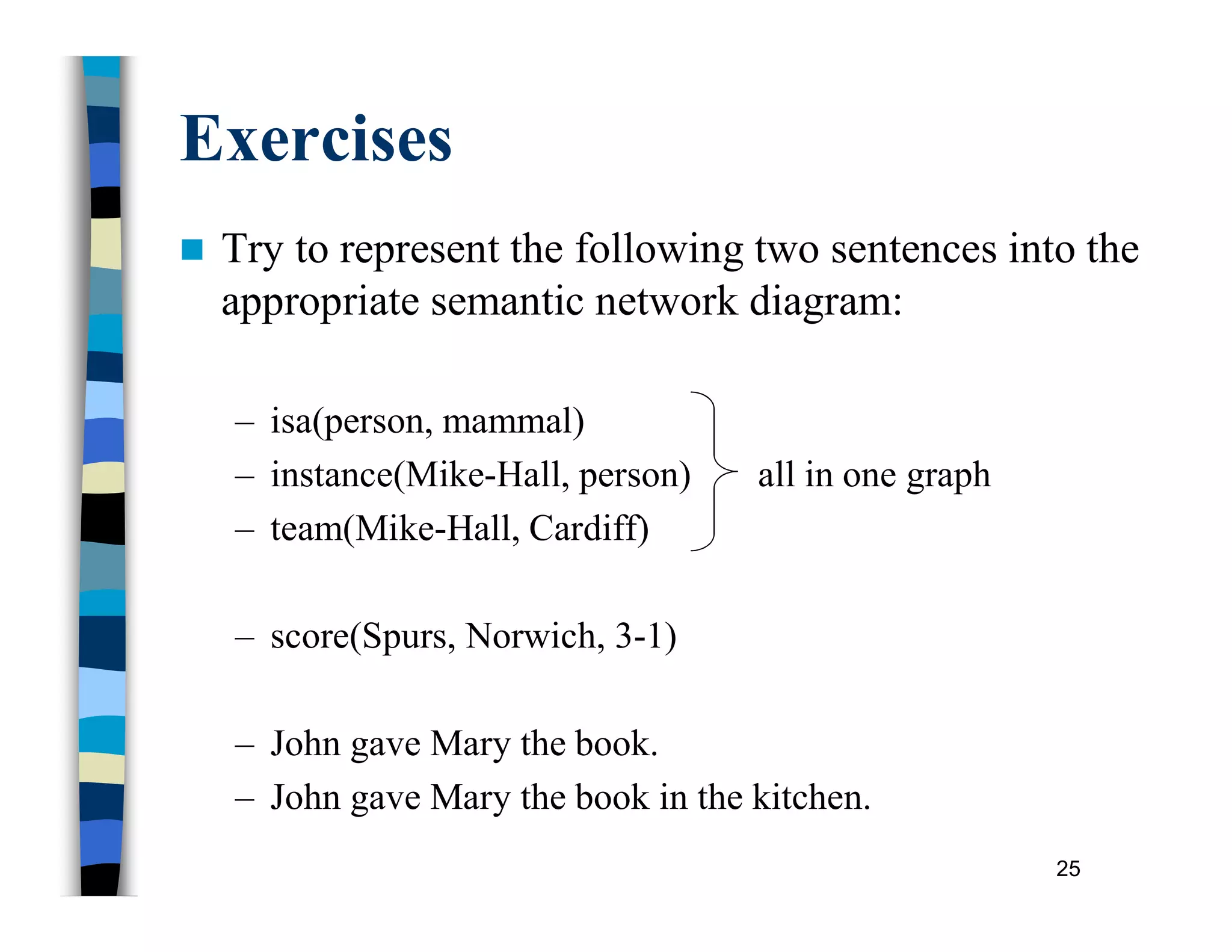 25
Exercises
 Try to represent the following two sentences into the
appropriate semantic network diagram:
– isa(person, mammal)
– instance(Mike-Hall, person) all in one graph
– team(Mike-Hall, Cardiff)
– score(Spurs, Norwich, 3-1)
– John gave Mary the book.
– John gave Mary the book in the kitchen.
 