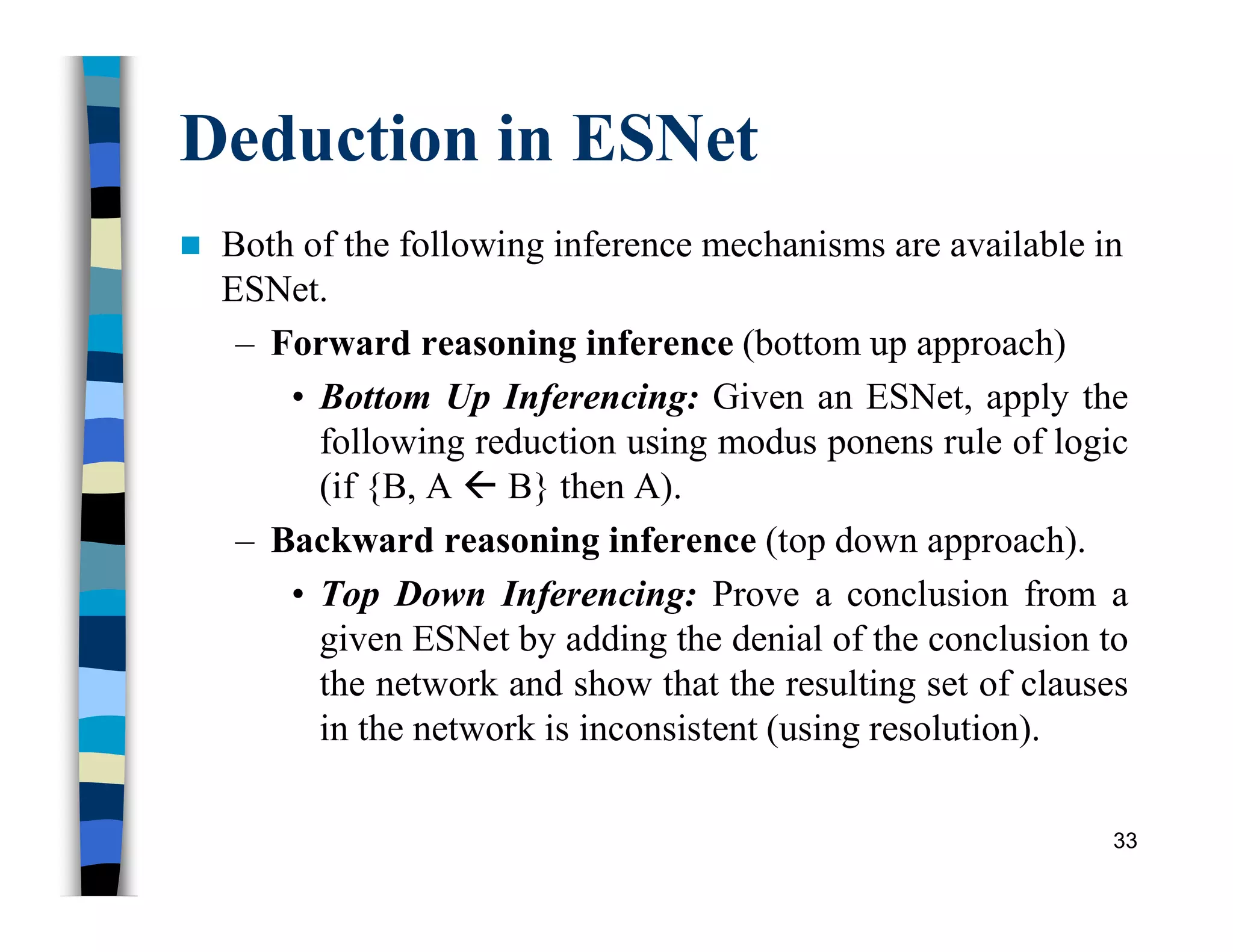 Deduction in ESNet
 Both of the following inference mechanisms are available in
ESNet.
– Forward reasoning inference (bottom up approach)
• Bottom Up Inferencing: Given an ESNet, apply the
following reduction using modus ponens rule of logic
(if {B, A  B} then A).
– Backward reasoning inference (top down approach).
• Top Down Inferencing: Prove a conclusion from a
given ESNet by adding the denial of the conclusion to
the network and show that the resulting set of clauses
in the network is inconsistent (using resolution).
33
 