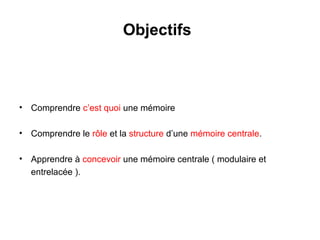 2
Objectifs
• Comprendre c’est quoi une mémoire
• Comprendre le rôle et la structure d’une mémoire centrale.
• Apprendre à concevoir une mémoire centrale ( modulaire et
entrelacée ).
 