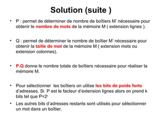 27
Solution (suite )
• P : permet de déterminer de nombre de boîtiers M’ nécessaire pour
obtenir le nombre de mots de la mémoire M ( extension lignes ).
• Q : permet de déterminer le nombre de boîtier M’ nécessaire pour
obtenir la taille de mot de la mémoire M ( extension mots ou
extension colonnes).
• P.Q donne le nombre totale de boîtiers nécessaire pour réaliser la
mémoire M.
• Pour sélectionner les boîtiers on utilise les bits de poids forts
d’adresses. Si P est le facteur d’extension lignes alors on prend k
bits tel que P=2k.
• Les autres bits d’adresses restants sont utilisés pour sélectionner
un mot dans un boîtier.
 