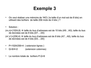 32
Exemple 3
• On veut réaliser une mémoire de 1KO ( la taille d’un mot est de 8 bits) en
utilisant des boîtiers de taille 256 mots de 4 bits ) ?
• Solution :
(m,n)=(1024,8)  taille du bus d’adresses est de 10 bits (A9…A0), taille du bus
de données est de 8 bits (D7….D0)
(m’,n’)=(256,4)  taille du bus d’adresses est de 8 bits (A7…A0), taille du bus
de données est de 4 bits (D3….D0)
• P=1024/256=4 ( extension lignes )
• Q=8/4=2 (extension colonnes)
• Le nombre totale de boîtiers P.Q=8
 
